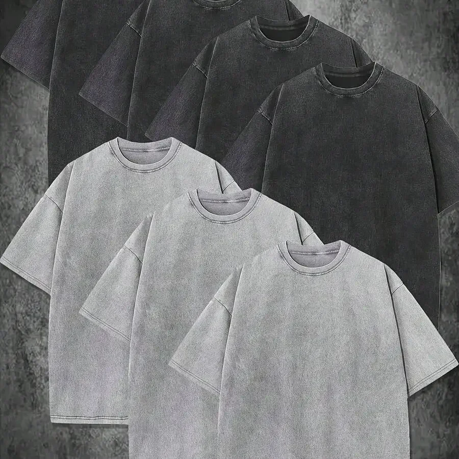 

7-Pack Mens 230G Pre-Washed Cotton T-Shirts, Relaxed Fit Drop Shoulder Crew Neck Short Sleeve Casual Streetwear