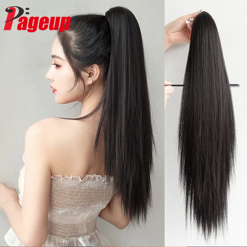 Pageup Long Straight Synthetic Ponytail Hair Extension Highlight blue Claw Clip On  Ponytail Extension Hair For Women Pony Tail