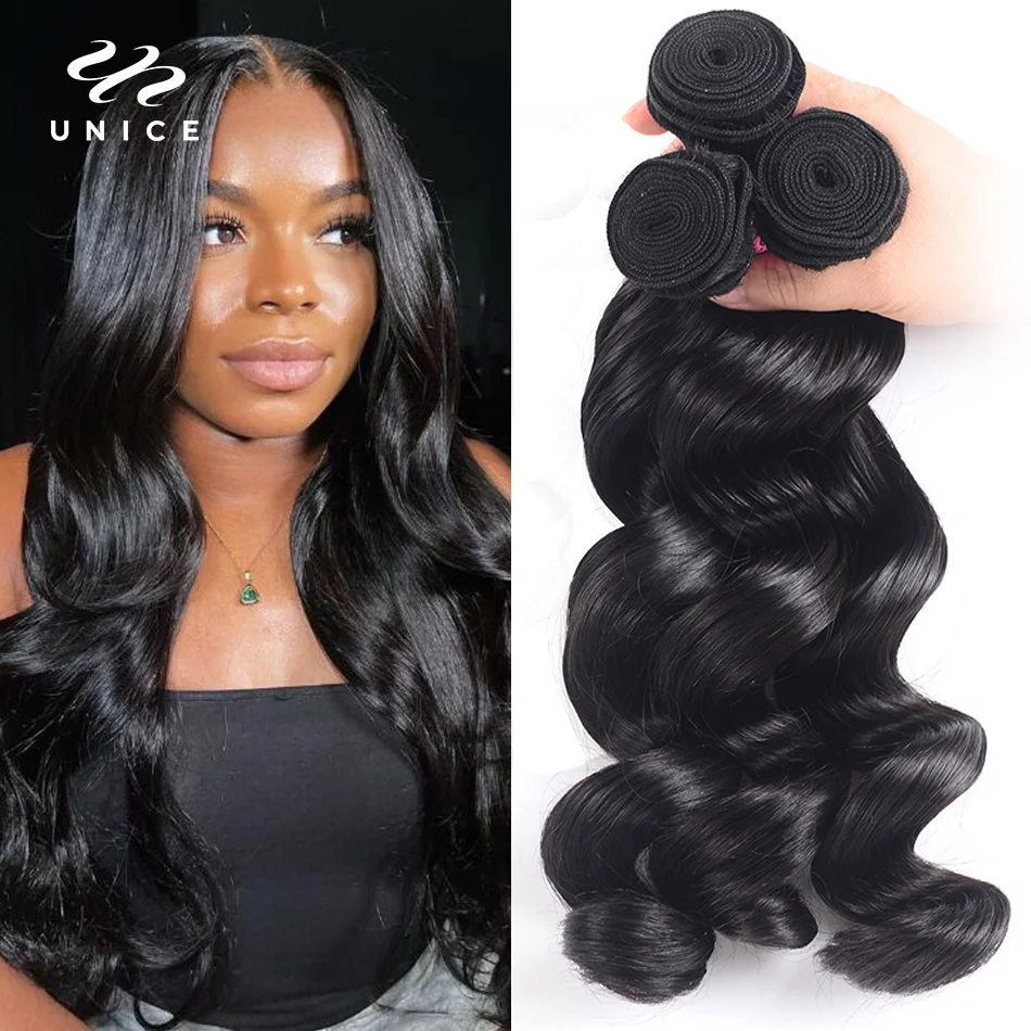 UNice Hair Brazilian Loose Wave Hair Extension 3 PCS 100% Human Hair Bundles Remy Hair Weave 16-26 Inch Natural Color