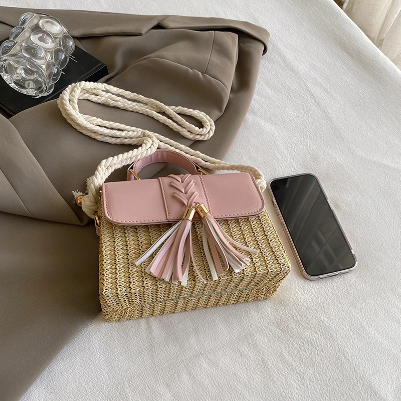 Strand Stroh Umhängetasche für Frauen neue Designer Boho Sommer tasche Pu Leder Handtasche und Geldbörse Reise Umhängetasche – Detail 12
