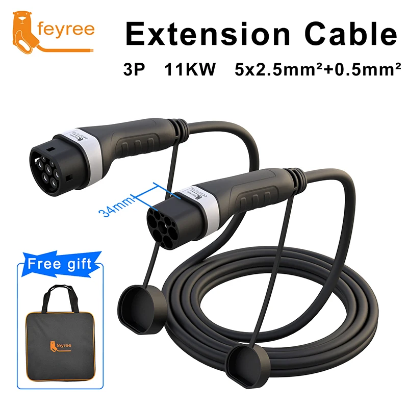 Feyree EV-Ladekabel, 16 A/32 A, 4 kW/8 kW/11 kW/22 kW, Elektrofahrzeugkabel, 5 m Typ 2, EVSE-Ladestation, Buchse auf Stecker