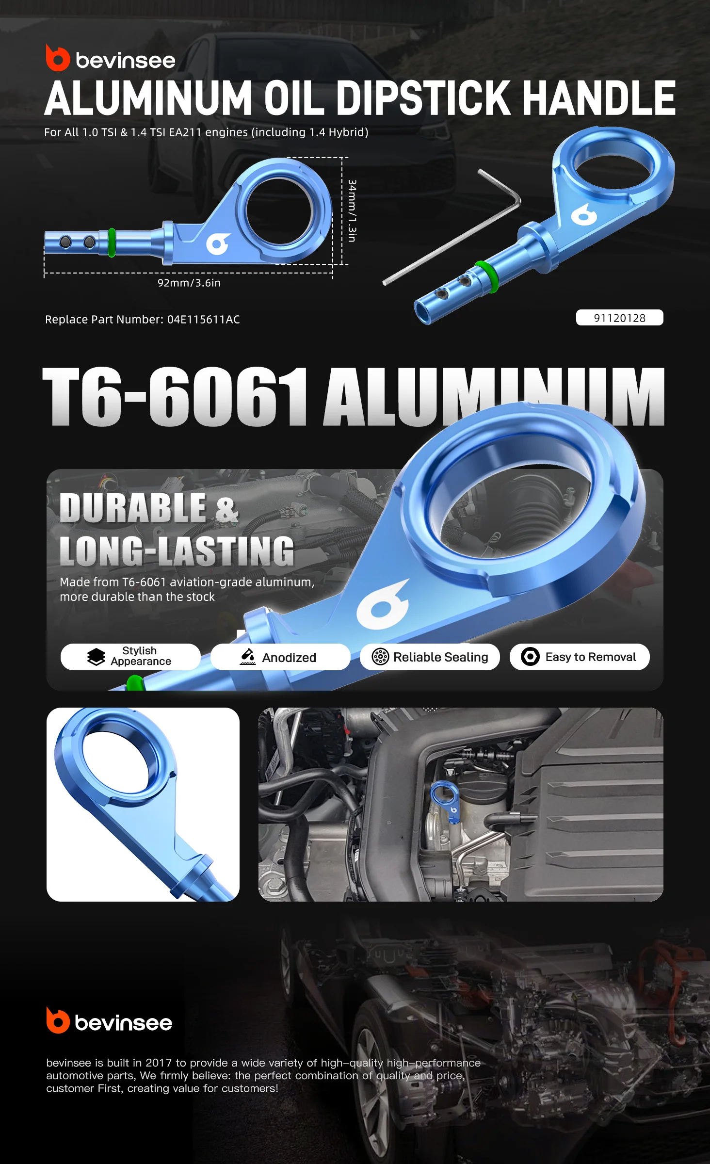 BEVINSEE EA211 Aluminium-Ölmessstab-Griff für VW Golf 7 8 Passat B8 Tiguan Touran für Audi A3 A1, Ersatz für 04E115611AC – Detail 2
