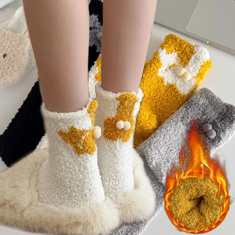 

Coral Funny Cat Egg Stockings 3D Winter Cartoon Cat Butt Mid-Tube Socks Cute Cozy Home Floor Sock for Women Girls Couple Gifts