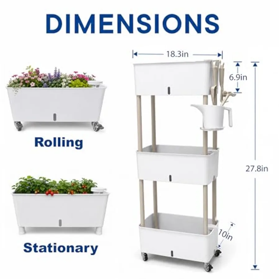 Indoor/Outdoor 3-Tier Rolling Raised Garden Bed, Rustproof Gray Plastic, Self-Watering With Visible Water Level, For Herbs