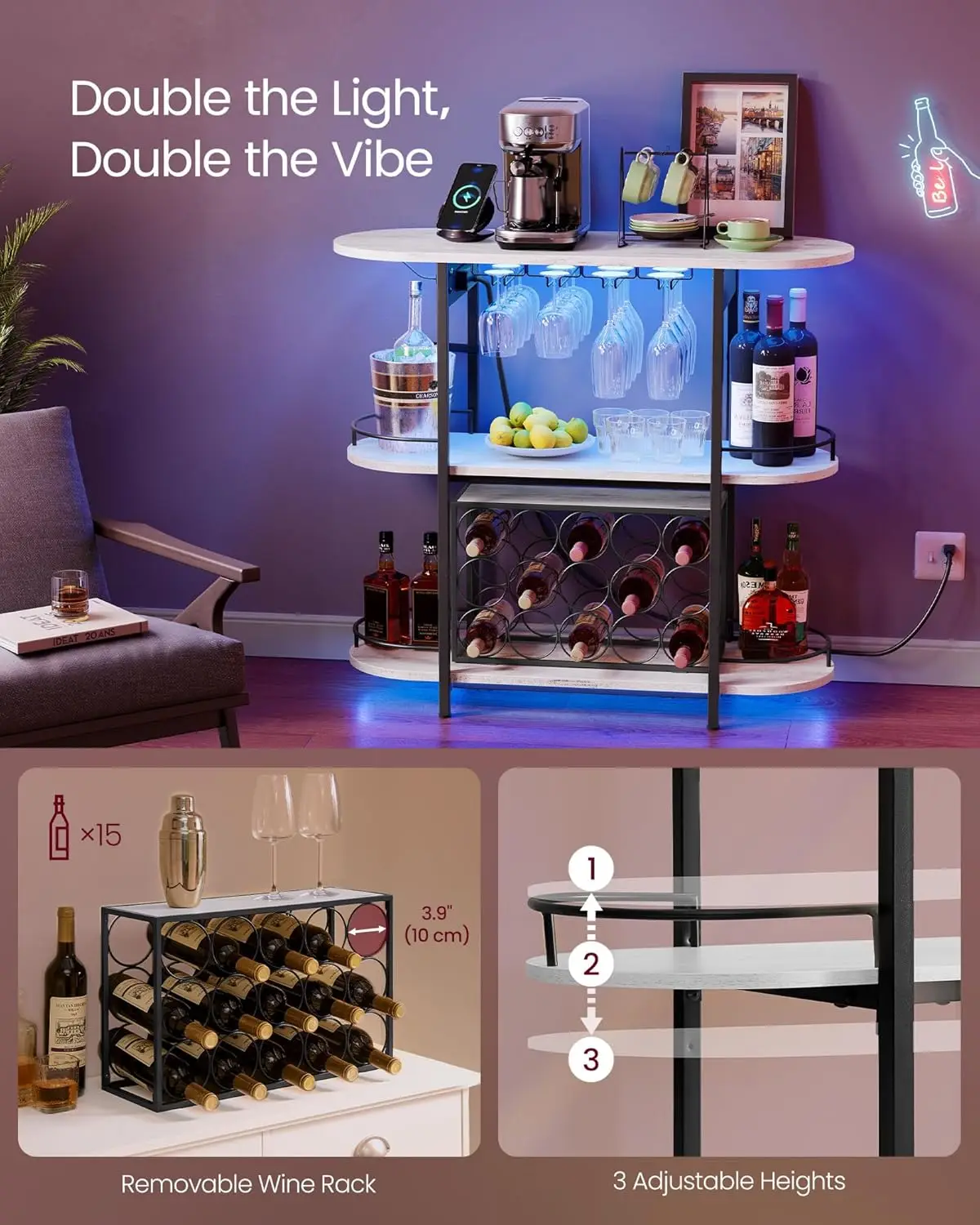 Gabinetes para el hogar, cafetería LED con tomas de corriente, minibar casero para licor, botellero independiente con vidrio