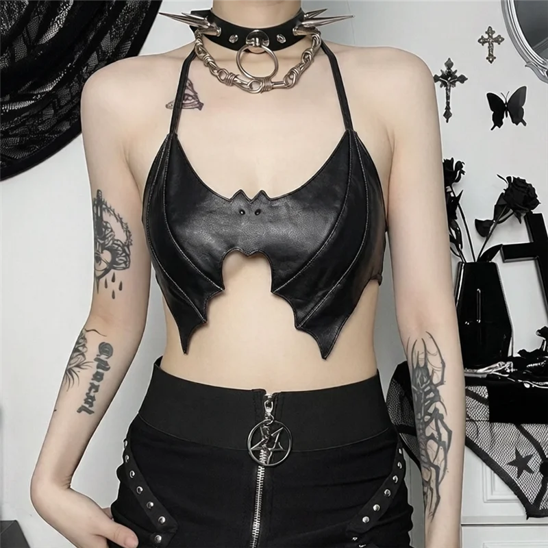Goth Faux Leather Pu Bat Camisole Sexy Backless Halter Tops Mall Gothic Lace-up Tanks Top Women Halloween Outfits