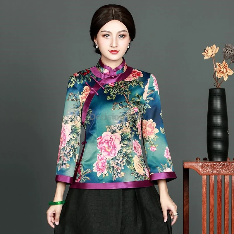 بلوزة تشيباو كلاسيكية على الطراز الصيني لعام 2025 بمزاج كلاسيكي مطبوعة مائلة بفتحة أمامية من شيونغسام بلوزة نسائية ضيقة #3