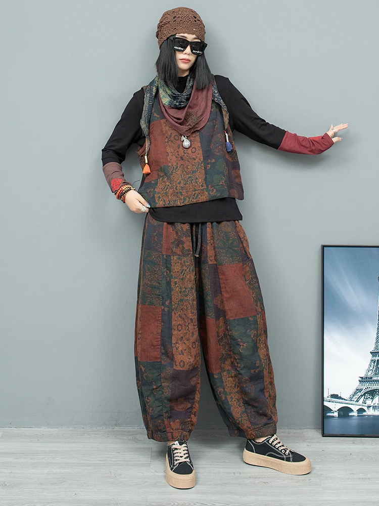 Printed Cotton Linen Vest + Pumpkin Pants Two-piece Set Women 2024 Autumn Loose Fashionable Outfit ZF217