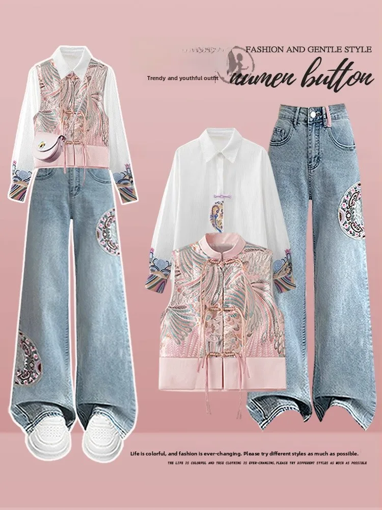

Large Size Spring Autumn Chinese Sle Embroidered Denim Tee Piece Set Women's irt Waistcoat Hanfu Clothing