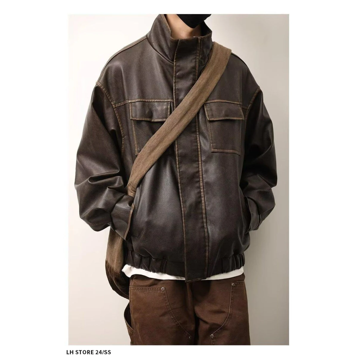 

Ретро Винтаж Байкерская кожаная куртка мужская свободная посадка с воротником-стойкой мотоциклетное пальто нейтральный Sle весенне-осенняя модная верхняя одежда