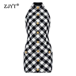 ZJYT Summer Knitting Polka Dot Mini Dress Women Elegant Halter Neck Sexy Backless Short Party Dresses Holiday Female Vestidos