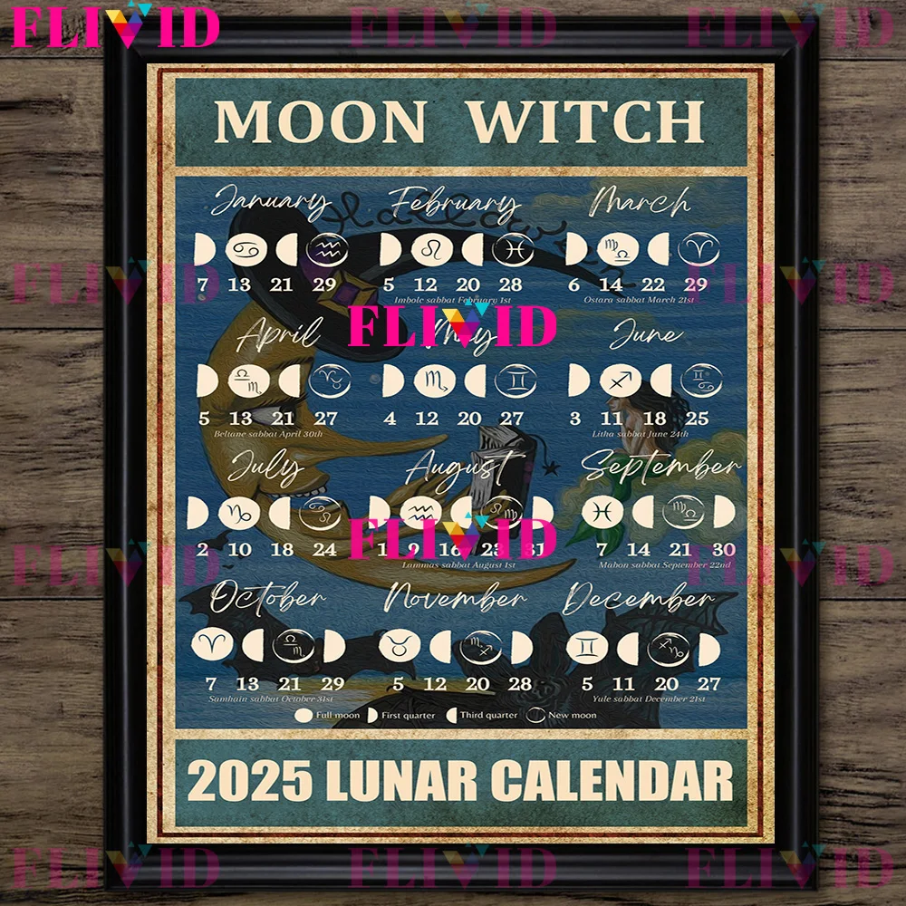 Salem Witches 2025 Moon Phases Art Poster Print,2025 Lunar Calendar Wall Art Canvas Painting,Witches Home Decoration Unframed