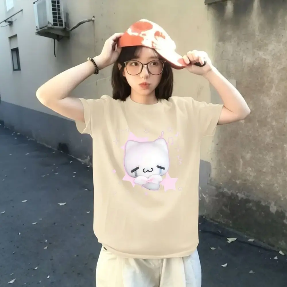 Kawaii White Cat Graphic T-Shirt Women Kawaii Pastel Sleepy Character Print Summer Short Sleeve Vintage Harajuku Y2k Streetwear