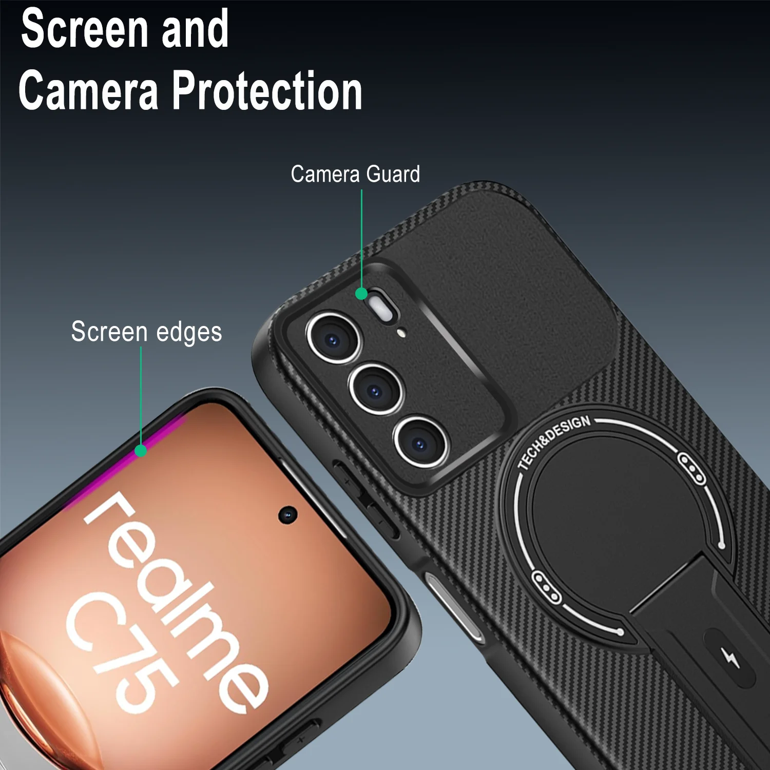 Carbon Fiber Patroon Armor Telefoon Case Voor Realme C75 4G Cover Magnetische Draadloze Chraging Fold Stand Back Shell Fundas