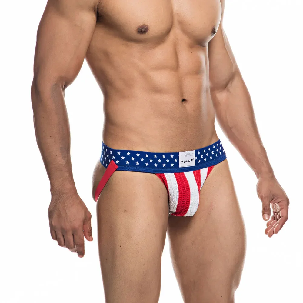 Men\'s Jockstrap Athletic Supporters Underwear, Sexy USA Flag Gym Workout Breathable Performance Jock Strap G String Thong Gay