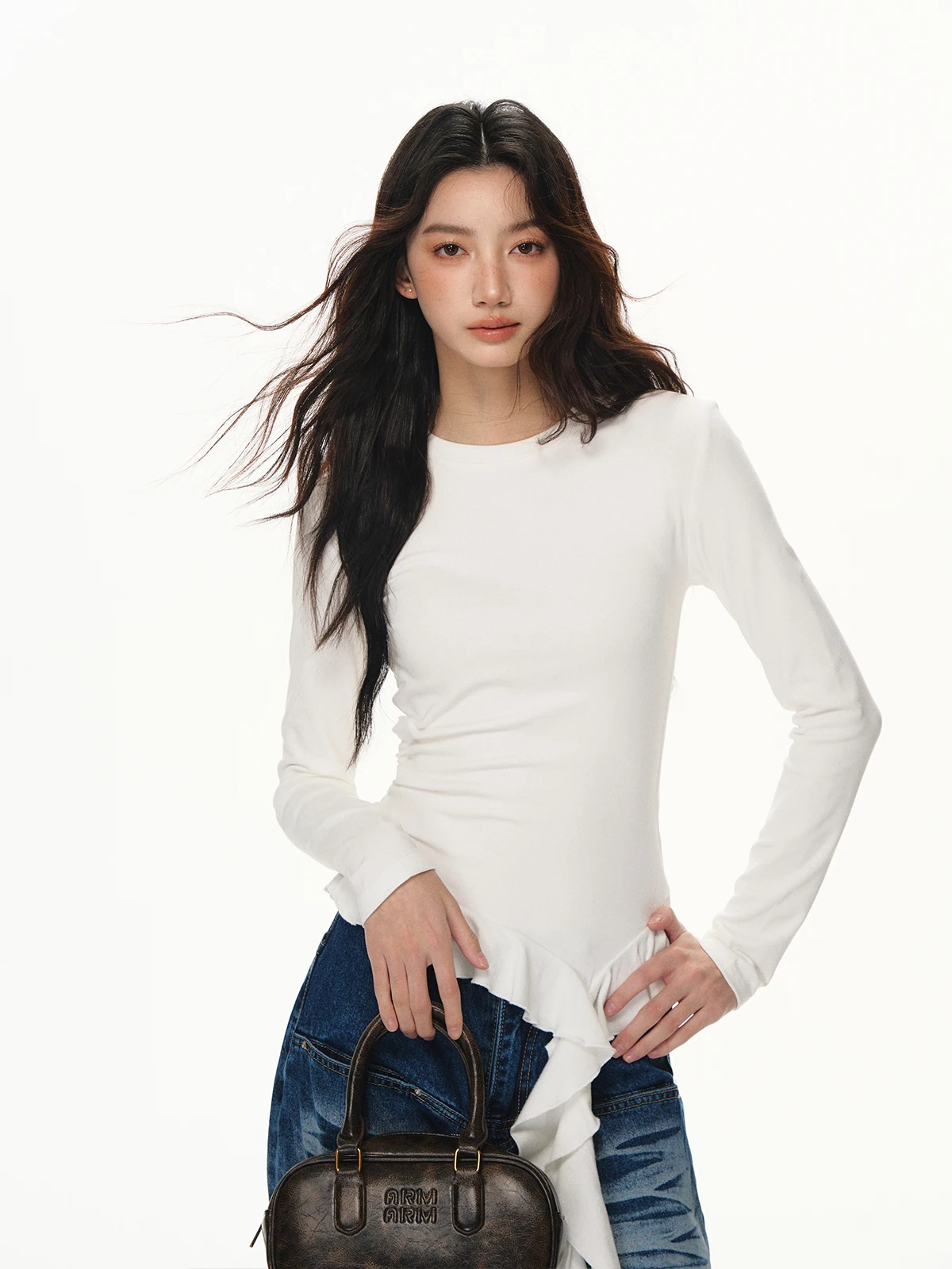 

Белая футболка LREEDOM Slim Fit с длинным рукавом и кружевным декором, повседневный базовый топ для осенне-зимнего сезона