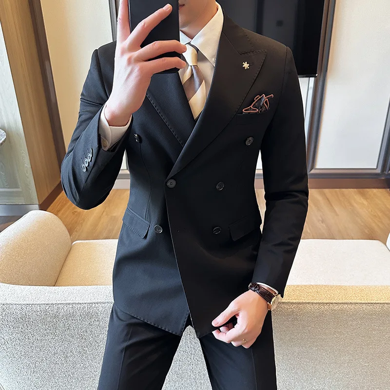 (Jacket + Trousers) Fashion Double Breasted Design Slim Men\'s Suit Italian Style Luxury Wedding Social Party Tuxedo 2 Piece Sets