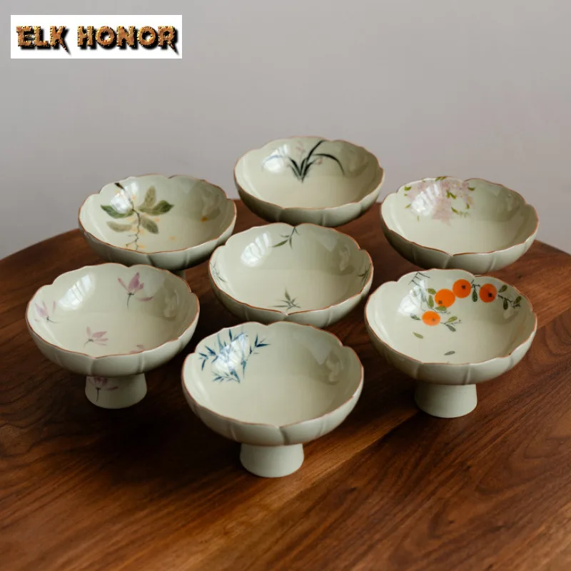 Plant Ash Hand-painted Flowers Bamboo High Foot Fruit Dishes Handmade Pastry Plate Serving Tray Chinese Tea Set Ornaments Craft