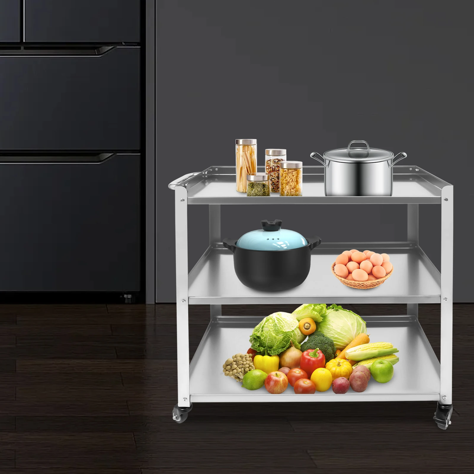 3 Tier Kitchen Trolley Cart Utility Serving Storage Rolling Cart Stainless Steel
