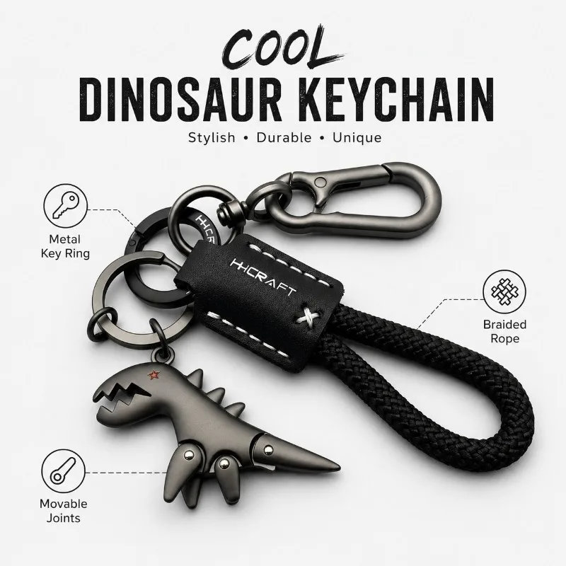 1/3/5PCS Dinosaur Keychain with Movable Joints Metal Charm Braided Rope Wrist Loop Car Key Holder Key Ring for Men Boys Gift