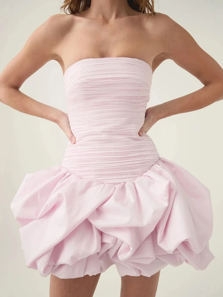 فستان قصير مثير بدون حمالات مطبوع وكشكشة قابلة للطي للنساء بدون أكمام بخصر عالٍ فساتين على شكل حرف a للحفلات المسائية والكوكتيل #4