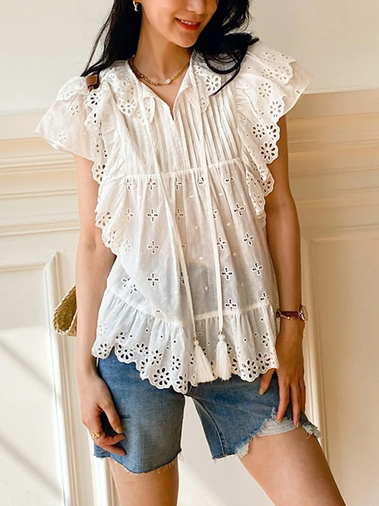 GypsyLady Summer Chic Emboridery Blouse Shirt Cotton Loose Tassels Lace Up Hollow Out Sexy Blouse Holiday Women Casual Tops New