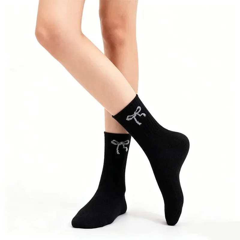 Four Seasons Essential Butterfly Knot Embroidered Black Medium Socks for Women, Non slip and Non falling