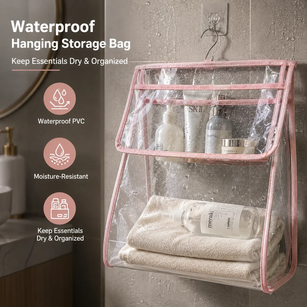 Multi-Purpose Transparent Hanging Bag, Waterproof Shower Organizer for Bathroom, Clothes and Cleaning Supplies