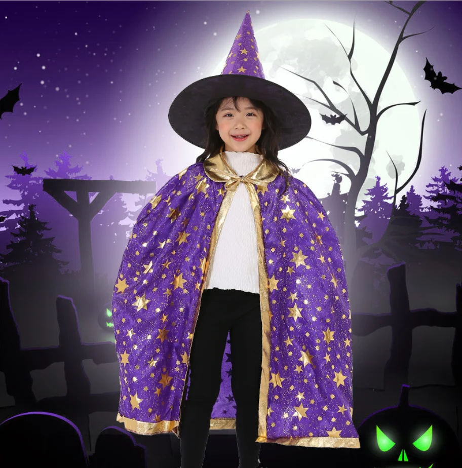 Halloween Cape With Hat Star Pattern Pumpkin Cape Cosplay Costumes Halloween Costume For Kids Boys Girls Party Birthday