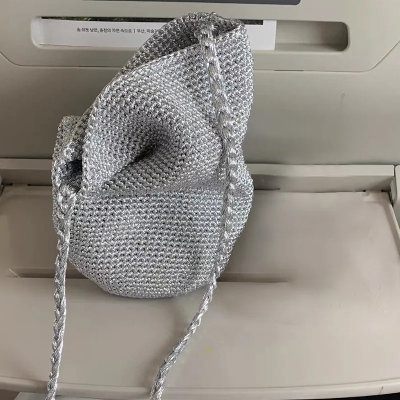 

Handmade Silver Woven Bucket Bag Mini Crochet Shoulder Bags for Women Luxury Designer Women's Handbag NEW Tote Female Purses