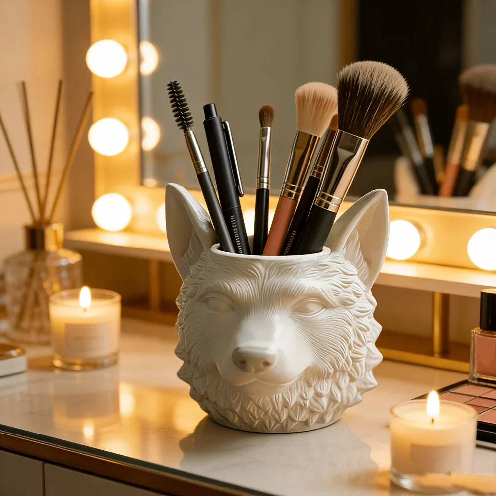Wolf Head Shaped Flower Pot Pen Holder Candle Cup Resin Silicone Mold Wolf Head Statue Makeup Pen Storage Box Gypsum Mold