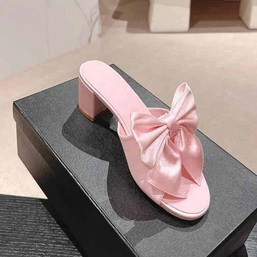 

Satin Bow Mules Open Toe Block High Heels Fashion Women Summer Sandals Casual Slingback Outside Daily Office Lady Dress Shoes