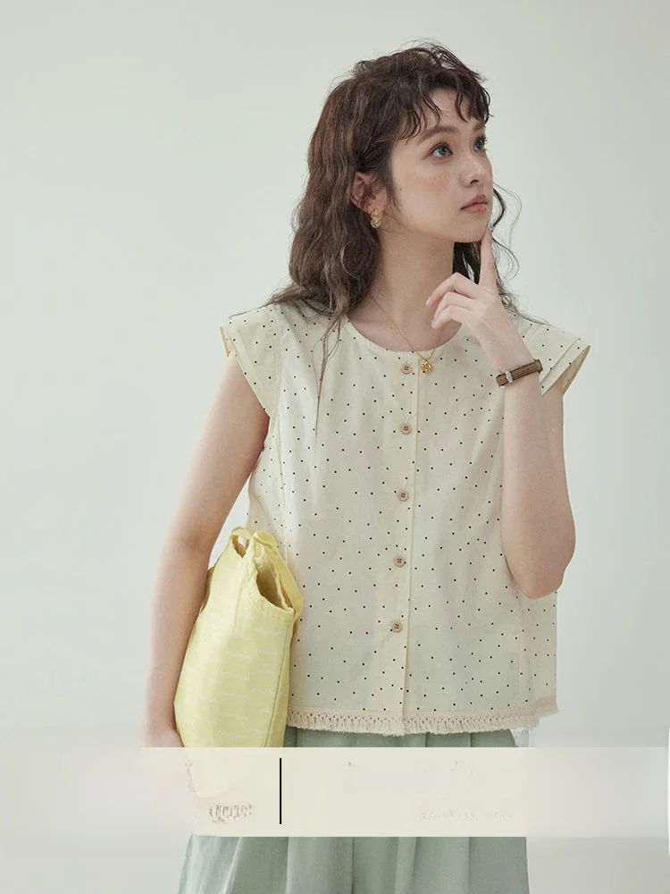 

AMUU Original Polka Dot round Neck Short Sleeve Shirt Women's Summer New Single Button Tassel Top Skin-friendly Breathable Ko...