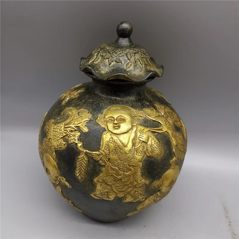 Brass Figurine Boy Metal Craft Purple Copper Color Gilded Five Generals Jar General Cylinder Ornament