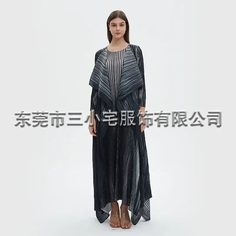 KAF Pleated Women Luxury Set Fashion Retro Stripe Design Loose Big Size Dress + Poncho 2024 Spring Autumn New Female 2 Piece Set