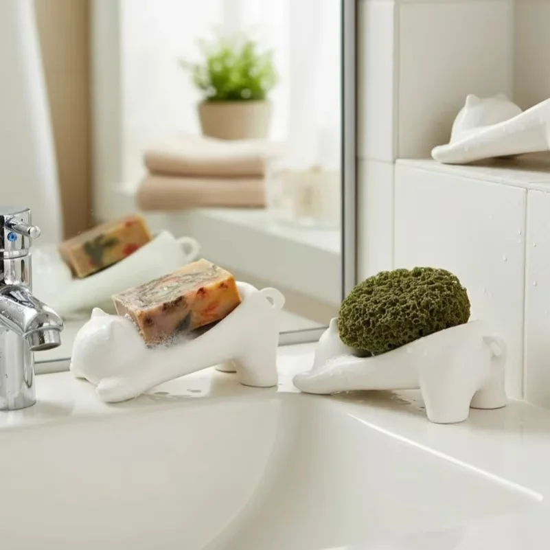 1-20PCS Cat Soap Dish with Drain Plastic Bathroom Organizer Creative Design for Sink Countertop Daily Use Gift
