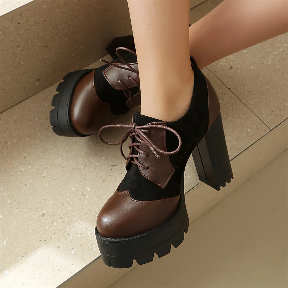 

Women Spring Autumn Vintage Brogue Pumps Lace-up Platform Black Chunky 11CM High Heels Dress Party Dance Hoof Heel Size 36-46
