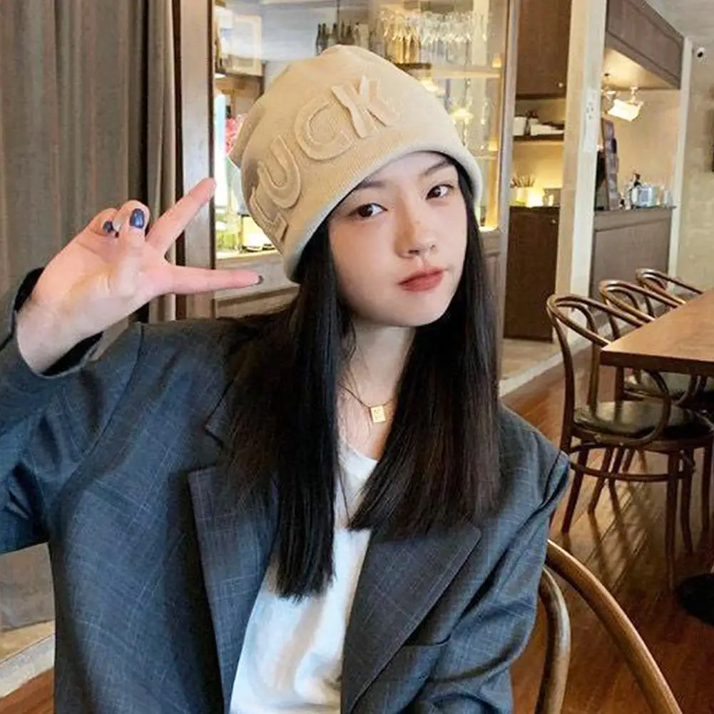 New Fashion Solid Color Letter Slouchy Hat Women Autumn Winter Warm Knitted Cap Female Lady Korean Hip Hop Loose Beanie Hats