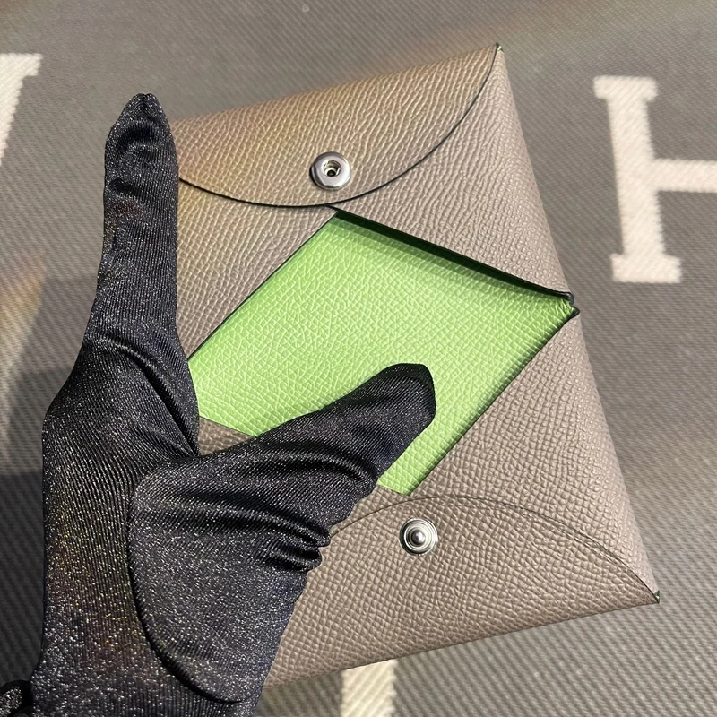 Genuine Leather Key Coin Document Button Embossed Cowhide Green Grey Tinware Coin Purse Men's Wallet Short Style Leather