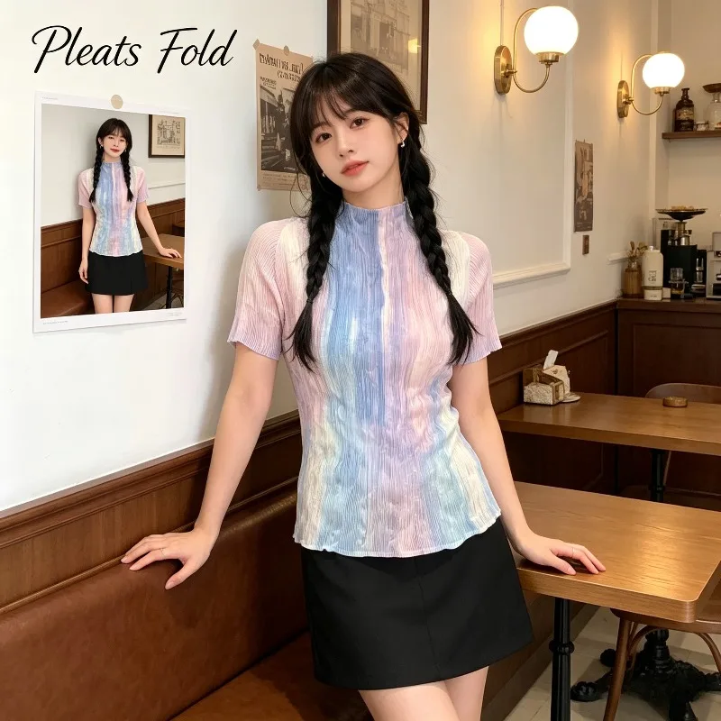 Miyake Pleated 2026 Gradient Tie-Dye Pleated Short Sleeve Top for Women Half High Neck Textured Slim Fit Ink Dye Pleated T-Shirt