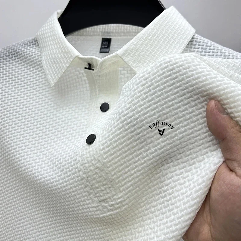 Polo de punto con solapa de seda hueca para hombre, camiseta informal de lujo, cómoda y fresca de hielo bordada, nueva moda de verano