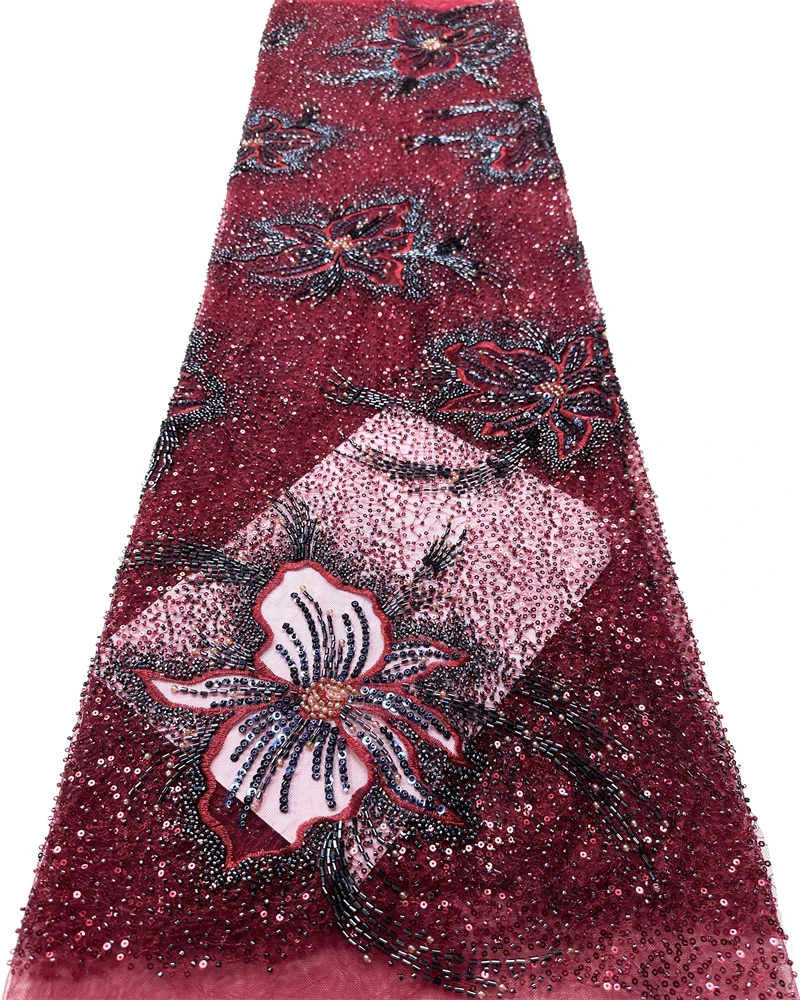 

African Nigerian High-End Luxury Beaded Embroidery Lace Fabric French Sequin Net for Wedding Party Dresses Women Fashion