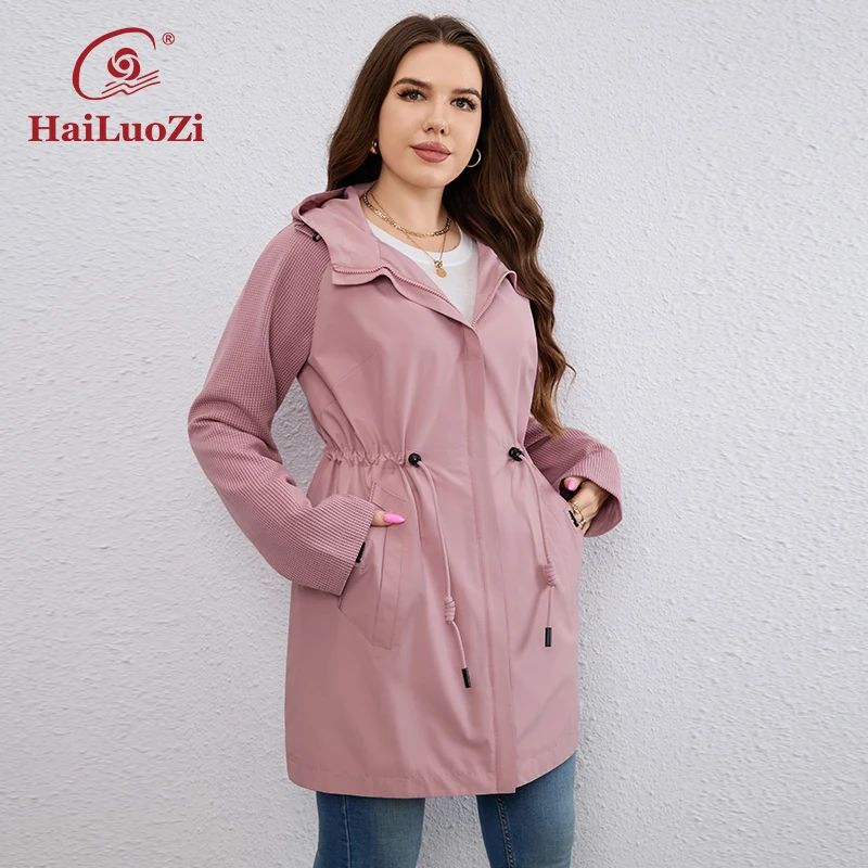 HaiLuoZi 2023 New Autumn Plus Size Women Trench Coat Windproof Mid-Long Female Clothing Hooded Drawstrings  Women's Jacket 730