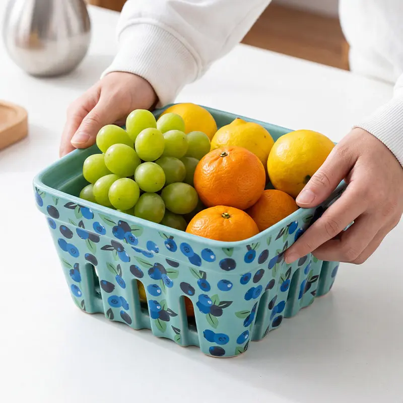 

Ceramic Berry Basket, Rustic Stoneware Berry Bowls Colander, Square Fruit Bowls for Kitchen Decor
