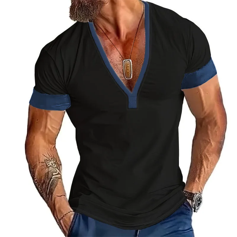 INS Cross-border 2024 Summer Fast Sale Amazon Short Sleeve Casual Men's V-Neck Large Size Stripe T-Shirt Top