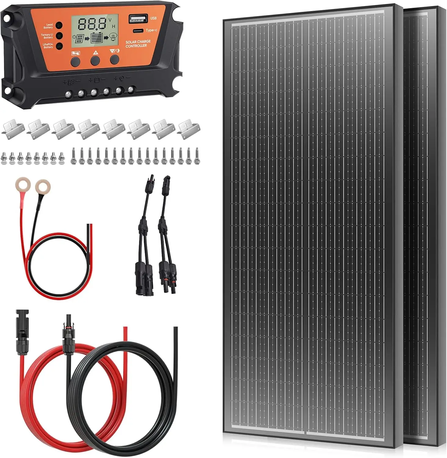 

200 Watt Solar Panel Kit,12V/24V/100W*2 Monocrystalline PV Module,30A Charge Controller,High Efficiency PV Module for RVs, Rooft