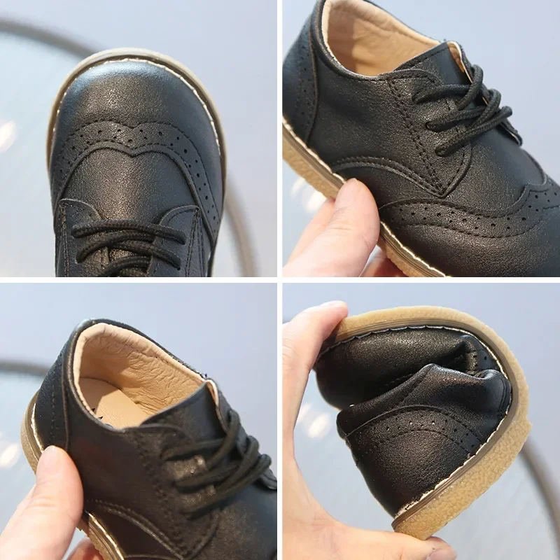 Boys Leather Shoes 2024 Spring Autumn Children Oxfords Brogue Style Casual Shoes Fashion Lace-up Shoes For Boy Brown, Black