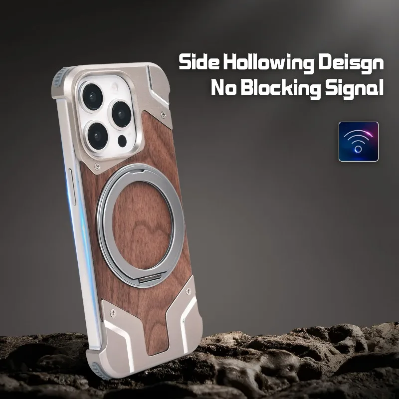 360°Rotating Ring Stand Walnut Wood Metal Frameless Magnetic Heat Dissipation Phone Case for Iphone16 15 14 13 Pro Max - Image 5