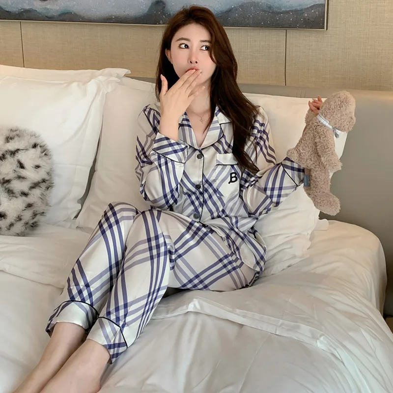 2024 Autumn New Ins Style Pajamas Two Piece Women Ice Silk Set Checker Stripe Home Clothes Simplicity High End Casual Nightgown