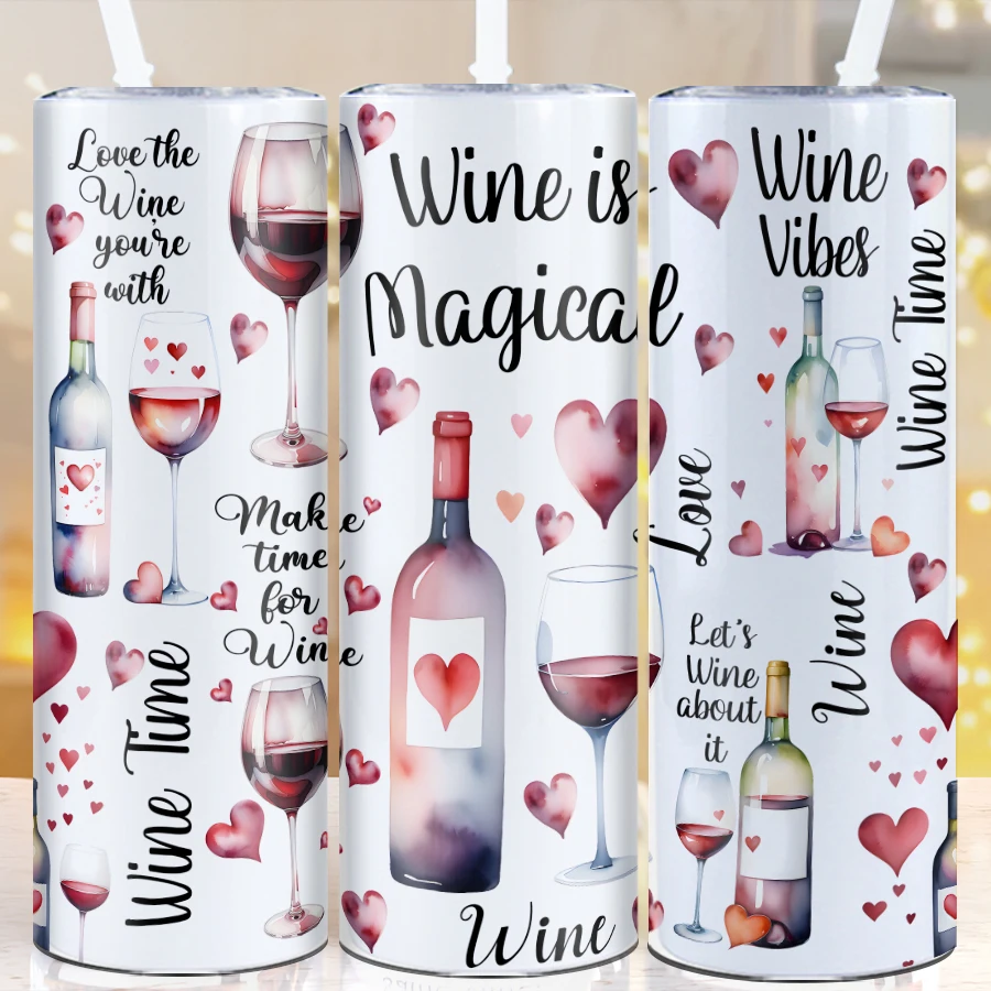 

20oz Stainless Straight Insulated Tumblers Straw Lid Print 3D "Wine is Magical" Red Wine & Wine Glass Drink Bottle Party Gifts